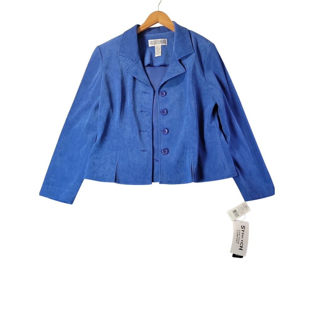 Jessica Howard Womens Royal Blue Faux Suede Button Front Blazer Jacket Size 12